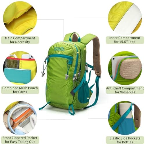 POWER KING Lightweight Hiking Backpack with Rainproof Cover 20L Foldable Travel Rucksack Bag for Women Men Outdoor Casual Daypack for Student, Fit for 14 inch Laptop (Grass Green, 20L) — view 5