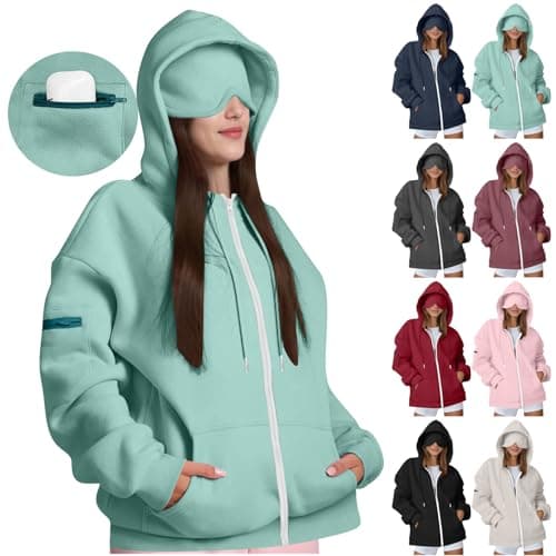 AMhomely Women's Hoodies Travel Hoodie with Eye Mask Built in Ladies Plain Zip Up Hoodie Womens Fleece Hooded Top Long Sleeves Front Pockets Soft Stretchable Comfortable Plus Sizes Wine