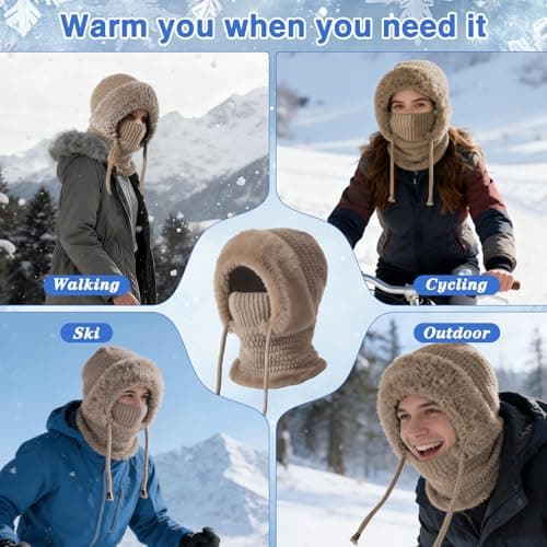 Ashloter 3 in 1 Beanie Hat for Women, 3in1 Thermal Winter Balaclava Knitted Hood with Scarf and Face Mask, Windproof Warm for Outdoor Skiing Hiking Running Skiing Cycling Ladis Men (Khaki) — view 3