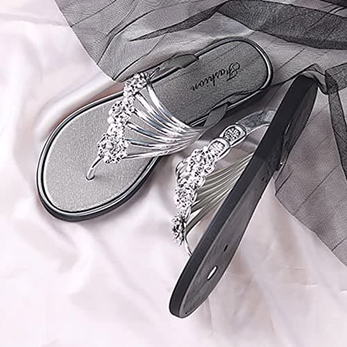 Women's Sparkly Flip Flops Diamante Sandals Glitter Slides Mules Thong Flat Shoes Summer Beach Travel Stylish Comfortable Lightweight Casual Holiday Footwear UK 4.5-6 (Silver, 6) — view 5
