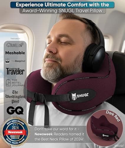 SNUGL Travel Pillow – Memory Foam Neck Pillow for Travel – Support Cushion for Airplane with Carry Bag & Clip - Holiday Essentials (Dark Red - Adult Small) — view 2