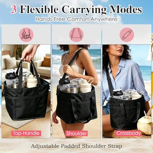 Family Size 4 Compartment Insulated Drink Storage Bag, Multi-Cup Water Bottle Bag Carrier Caddy with Adjustable Shoulder Strap | Hands Free, Reusable for Travel, Picnic, Family Outings (Black) — view 3
