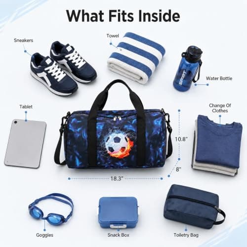 Kids Duffle Bag Girls Overnight Travel Sport Gym Bag Weekender Carry On Shoulder Bag with Shoe Compartment & Wet Pocket, Football Black Blue, L, Kids Duffle Bag — view 4
