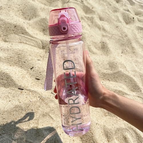 OLDLEY 1L Sports Water Bottle with Straw, Tritan 1 Litre Motivational Drink Bottle, BPA Free Leakproof Transparent Water Bottle with Time Marker for Cycling, School, Gym, Outdoor (Pink) — view 6