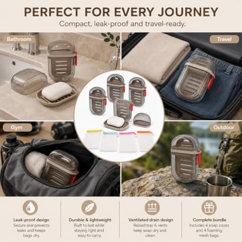 4 Pack Travel Soap Case, Waterproof Soap Container with 4 PCS Foaming Nets — view 5