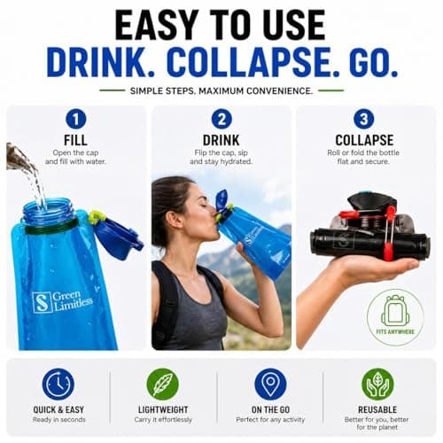 Foldable Water Bottles Set of 4 (2 Blue, 2 Black) – Collapsible, BPA Free, Leakproof, Lightweight Travel Bottles for Hiking, Gym & Everyday Use — view 6