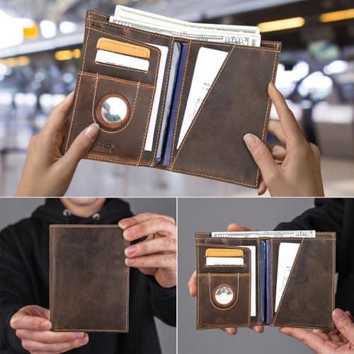 CONTACTS Full Grain Leather Airtag Passport Holder RFID Blocking Travel Passport Wallet Passport Cover for 2 Passports, 2 Card Slots, 1 Cash Slot (Coffee, UK-Badge) — view 3
