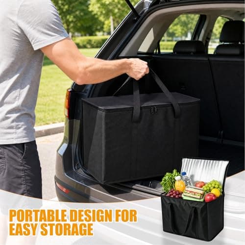 2 Pack Cool Bag Cool Box, 35L Black Insulated Tote with Zipper, Foldable Thermal Carrier for Grocery Shopping, Picnic, Camping, Beach, BBQ, Travel, Reusable Food Transport Storage — view 6