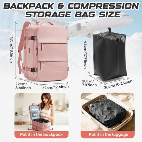 bergsalz Travel Backpack with Compression Vacuum Storage Bag & Electric Pump, Expandable Flight Approved Carry On Backpack, Pink, 18.5x12.6x8.66 inches, Modern — view 3
