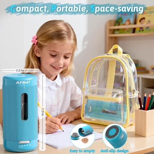 AFMAT Fully Automatic Electric Pencil Sharpener, Auto in & Out, Rechargeable Hands-Free Pencil Sharpeners for Jumbo&Colored Pencils (6.5-12mm), Portable for Home/Classroom/Office, Cyan, PSC3 — view 6