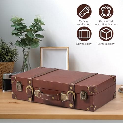Vintage Suitcase Wood Vintage Suitcase Storage Box, Leather Trunk Luggage Decorative Retro Photography Prop Luggage, Storage Chest with Lock for Placing Clothes Toys Photo Jewelry - 40×24.5×10cm — view 5