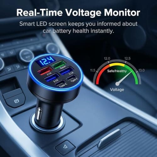 Fanlox Car USB Charger 6 Port, 12V/24V Cigarette Lighter Adapter with 2 USB C and 4 USB A Outputs, LED Voltmeter and Indicator Light for Phones Tablets and In-Car Devices — view 3