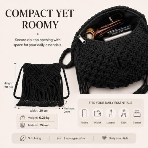 Fjquamitix Straw Cross Body Bag Women Boho Macrame Handmade Crochet Bag With Zipper Closure Fringe Shoulder Beach Purse Summer Handbags Travel Vacation Daily Use (Black) — view 5