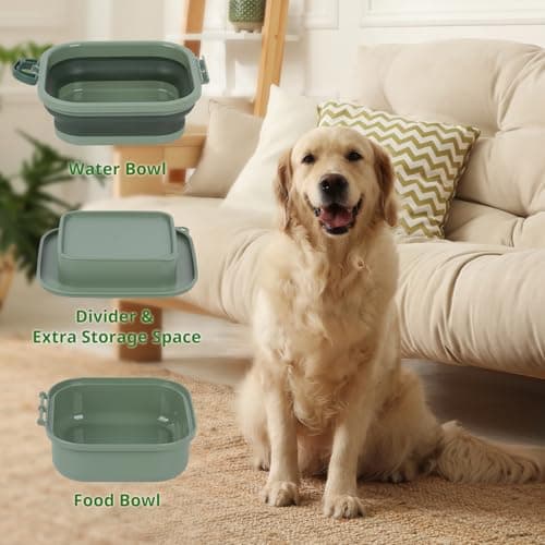 Collapsible Dog Bowl 2-in-1, Portable Travel Food & Water Feeder with Removable Divider, Foldable Silicone Design with Carry Sling Rope for Walks, Camping and Hiking - Large — view 2