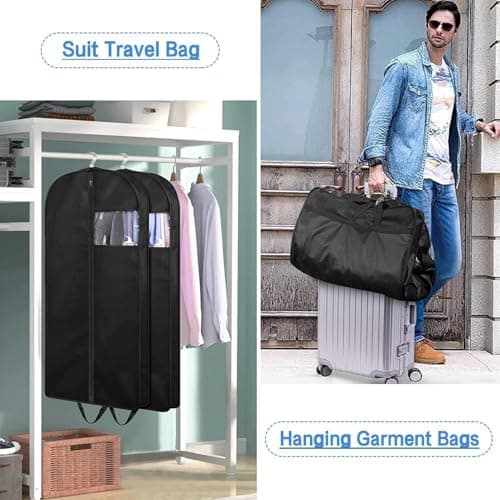 MISSLO 3 Packs Hanging Garment Bags for Clothes, 109CM Suit Bag Carriers for Women Men Suit Covers with Handle for Dresses, Coats Storage and Travel, Black — view 2
