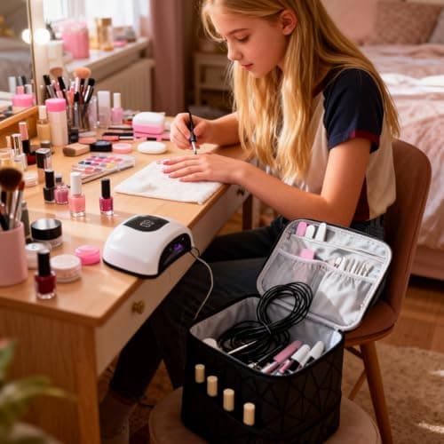 Eulihent Nail Varnish Storage, Double Layer Nail Bag Organiser Waterproof PU Cosmetic Bag with Adjustable Dividers for 30 Bottles Lipstick, Manicure Tools Storage (Black) — view 5