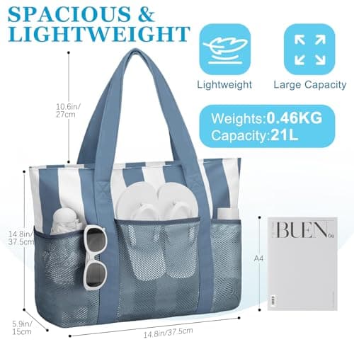 VASCHY Beach Bag for Women, Foldable Waterproof Sandproof Beach Tote with Zipper/Mesh Pockets for Vocation/Cruise/Gym/Travel Stripped Blue White — view 2