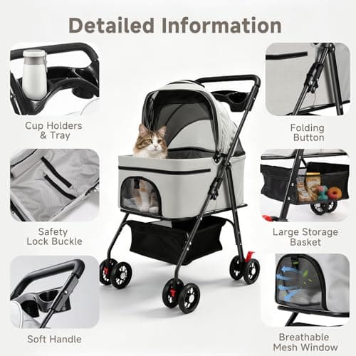 AODI Pet Stroller for Small Dogs and Cats with 4 Wheels, 3 in 1 Foldable Dog Stroller with Detachable Carrier, Breathable Mesh, Storage Basket & Cup Holder, Up to 15 kg (Black) — view 4