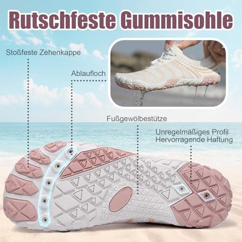 Barefoot Shoes Quick Dry Aqua Shoes Water Shoes Men Women Summer Beach Shoes Toe Protection Non Slip Swimming Shoes Lightweight Stylish River Shoes, Pink and White, 6UK — view 4