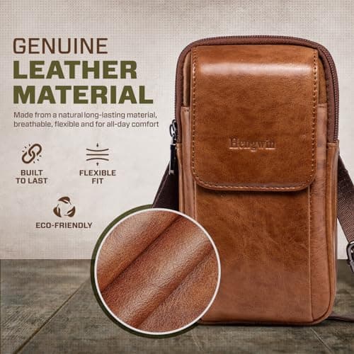 Hengwin Multifunctional Genuine Leather Double Zip Bags Men Vintage Look Shoulder Bag Mobile Phone Belt Bag Phone Holster for Travel, Outdoor Activities (Brown) — view 2