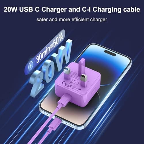 iPhone Charger Fast Charge 2Pack，PD Fast for Apple Charger UK USB C Plug With 2M&3M iPhone Fast Charger Cable [ MFi Certified] Lightning Cable for iPhone 14 13 12 11 Pro Max, iPad (Purple, 2Packs) — view 3