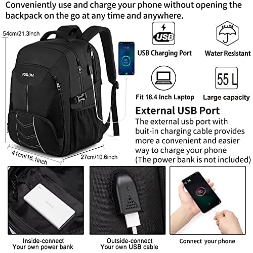 Extra Large Backpack 55L,18.4 Inch Travel Laptop Work Bag with USB Charging Port Big Business Flight Approved TSA Heavy Duty Computer Rucksack for Men Women College School,Black — view 2