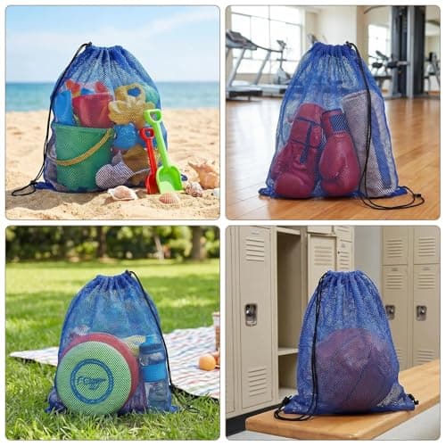 iohsxae Large Mesh Sports Equipment Bag, Heavy Duty Drawstring Ball Sack for Football, Swimming Kit & Gym, 600D Polyester Breathable Net Storage Bag for Beach Toys & Laundry, 68 x 48 cm (Blue) — view 6
