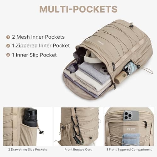 G4Free 20L Small Backpack Rucksack for Women Men, Lightweight Hiking Backpack for Walking Travel, Daypack with Drawstring (Khaki) — view 3