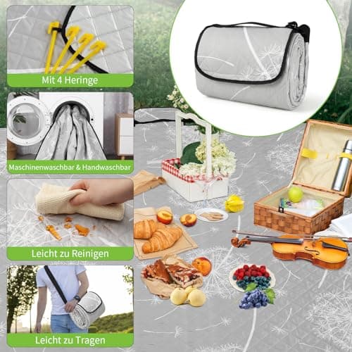 HAUSPROFI Waterproof Picnic Blanket – 200 x 200 cm, Large Foldable Mat with Carry Strap, Machine Washable, Ideal for Camping, Park, Garden & Beach — view 6