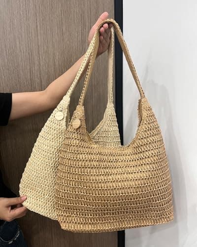 SUANNI Beige Straw Beach Bag for women, Woven Tote Hobo Bags, Lightweight Casual Boho Summer Shoulder Handbag, Packable Mesh Everyday Purse for Holiday Shopping Travel — view 3
