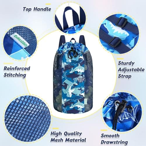 WAWSAM Shark Large Mesh Beach Bag for Kids, Kids Drawstring Beach Backpack for Boys, Tote Mesh Beach Toys Bag, Swim Pool Toys Balls Storage Bags Gym Bag, Beach Toy Shells Organizer — view 2