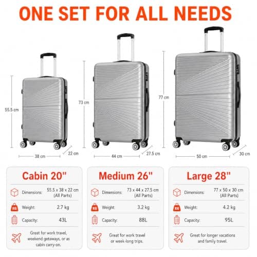 Set of 3 Pcs Luggage Hard Shell Suitcase, Silver — view 2