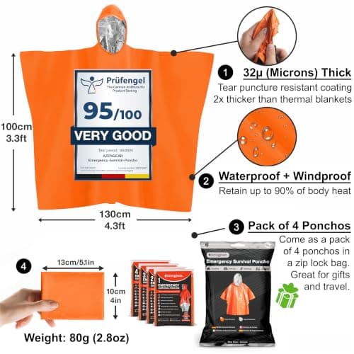 aZengear Emergency Survival Poncho (4pc) Thermal Mylar Foil Coating Blanket for Heat Retention and Rain | Reversible with Hood | Waterproof, Windproof, Portable, Hands-free, Outdoor Kit — view 2