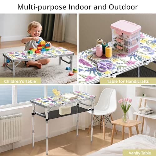 Anbte 3ft Folding Camping Table with Storage Net & bag, 3 Adjustable Height Max 27.5" Outdoor Folding Table Lightweight, Portable Handle for Outdoor Indoor Camping Beach RV Picnic, Blooming Floral — view 4