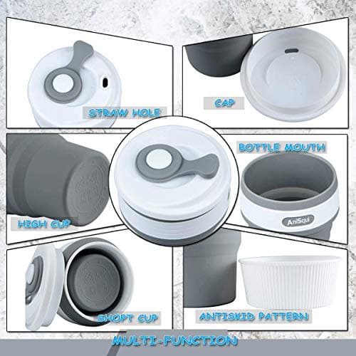 AniSqui Collapsible Coffee Cup Silicone with Lids, 12oz 350ml (Gray) — view 6