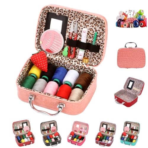 Wondolla Sewing Kit,Portable Sewing Kit in Faux Leather Case,Portable DIY Hand Made Craft Set,Big Eye Stainless Steel Needles Hand Sewing Kit for Handicraft Lovers (Pink)