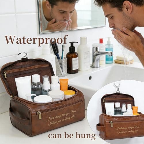 Personalised Men Toiletry Bag, Custom Engraved Travel Dopp Kit with Name Initials, Valentines Gift, Groomsmen & Best Man Gift, Father's Day, Wedding, Birthday Present for Husband, Light Brown — view 6