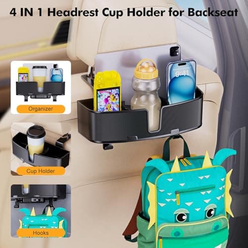 MAGJIEYX Car Headrest Cup Holder for Back Seat Organizer for Multi-Hanging Snack Storage Box with Strong Hooks for Kids and Uber Backseat Passengers Share Rid for Travel Accessories 2 Pack — view 3