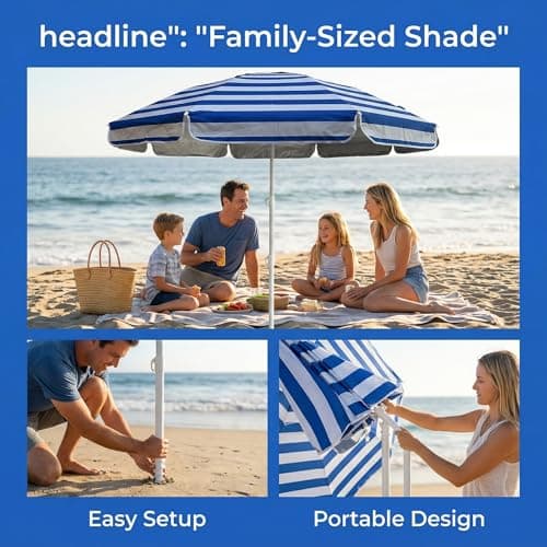LOTTAFUN 6ft Beach Umbrella - Heavy Duty Wind Resistant UV 50+ Portable Sun Shade with Sand Anchor & Carry Bag, Outdoor Folding Umbrella for Beach, Pool, Patio, Garden (Blue strip) No Tilt The sand — view 3