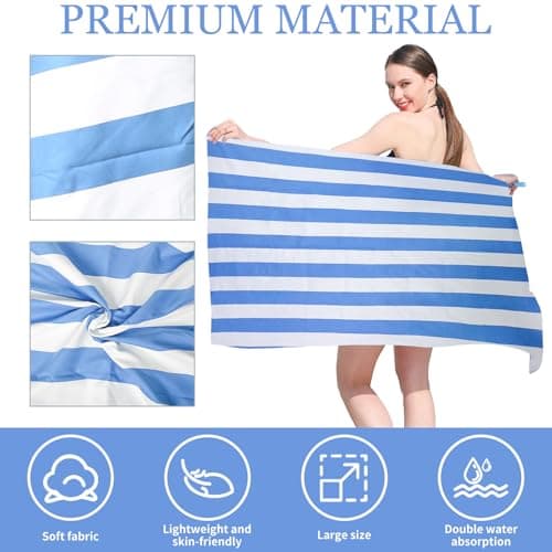 Vorvowry Microfibre Beach Towels for Adults Women Men Extra Large Lightweight Quick Dry Sand Free Travel Towel Double Sided Printing for Swim Sports with Mesh Bag 80×180cm Blue Stripes 1 Pack — view 3