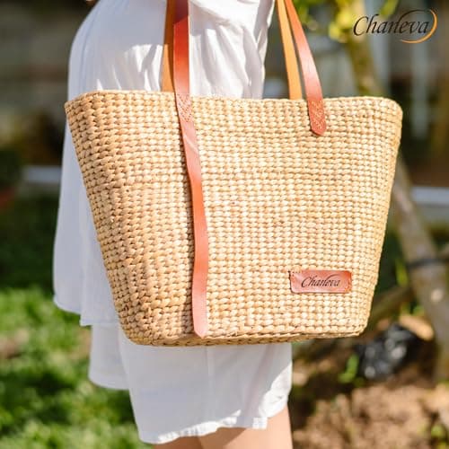 CHANEVA Large Woven Tote Bag for Women, Water Hyacinth Straw Shoulder Bag with Leather Straps, Summer Beach Bag, Rattan Work Bag Fits A4, Handmade Boho Handbag for Ladies, 18x6x12 Inches — view 6