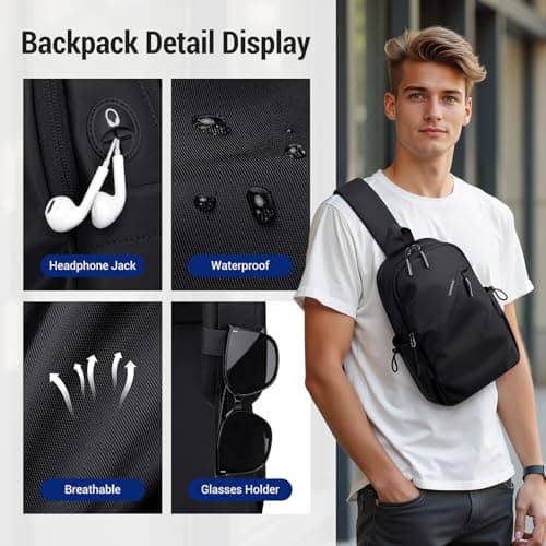 VNINE Anti Theft Man Bag,Small Sling Bag Waterproof Cross Body Bag & Chest Bag with Headphone Port for Travel Hiking Cycling Camping Outdoor Sports — view 3