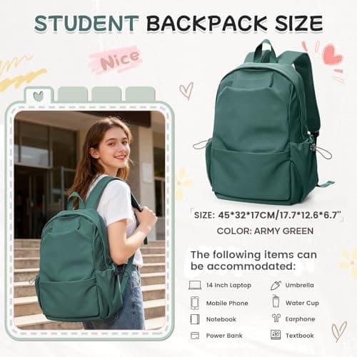 HYC00 School Backpack Womens Causal Travel School Bag for Teenage Girls Boys Secondary Backpack Lightweight 14 Inch Laptop Rucksack Bag for Women Casual Daypack Bookbag for College Work, Army Green — view 2