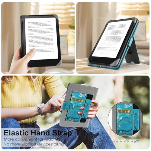 HoYiXi Universal Case for 7 inch Kindle Paperwhite/Colorsoft 2024 Compatible with 6.8" Paperwhite Kobo Clara HD/Kobo Clara 2E eReader Protective cover with Foldable Stand Built-in pocket,flower — view 6