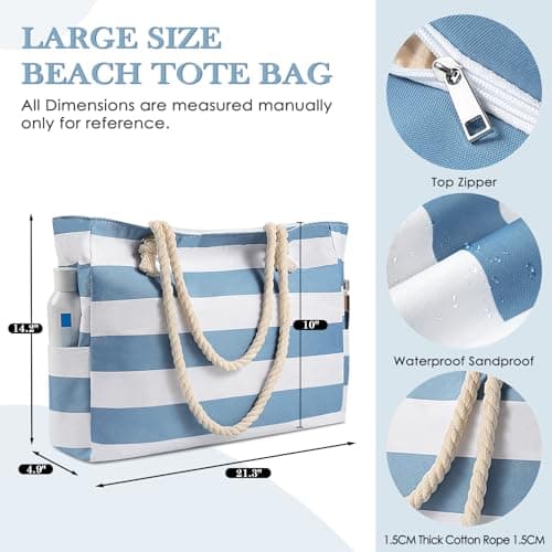 Large Beach Bags for Women - Waterproof Tote Measures 16"x14"x5.2" for ample storage; Features multiple pockets, compact foldable design for beach, travel, sports, pool, shopping and daily use. Blue — view 4