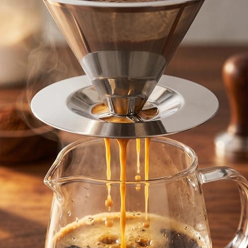 Reusable Pour Over Coffee Dripper Stainless Steel Coffee Filter Paperless Mesh Cone Cup Reusable Coffees Filters Slow Drip with Cleaning Brushand and Spoon for Single Cup Brew Coffees Maker — view 3