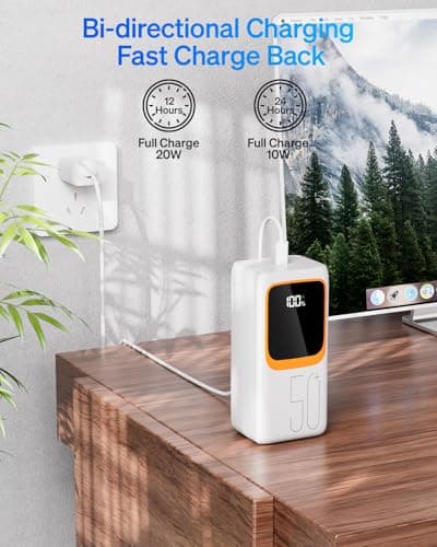 50000mAh Power Bank with Built-in Cable: 22.5W Fast Charging External Battery with Large Capacity, Portable Charger with LED Flashlight and 7 Outputs & 3 Inputs-White — view 6