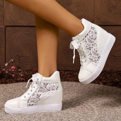 UK 6 White Wedge Sneakers for Bride Women Hidden Heel Ankle High Top Platform Walking Shoes Lace Tennis Sneakers Fashion Bride Wedding Shoes Full White — view 4
