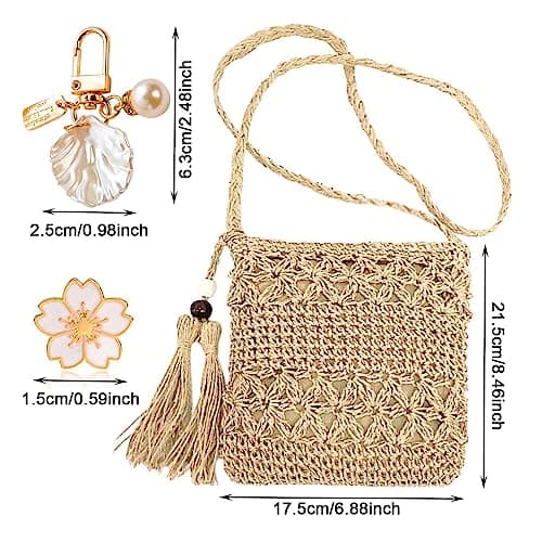 MUNSKT Straw Bag for Women with Tassel & Shell Keychain & Cherry Blossom Brooch, Weave Handmade Bohemian Crossbody Bag with Zipper for Summer Beach Travel — view 3