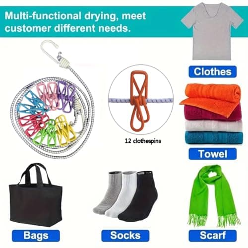 FiTspi Travel Washing Line, Portable Camping Washing Line with 12 Colorful Pegs, Elastic Retractable Clothesline for Indoor Laundry Drying Clothesline,Outdoor Camping Accessories — view 4